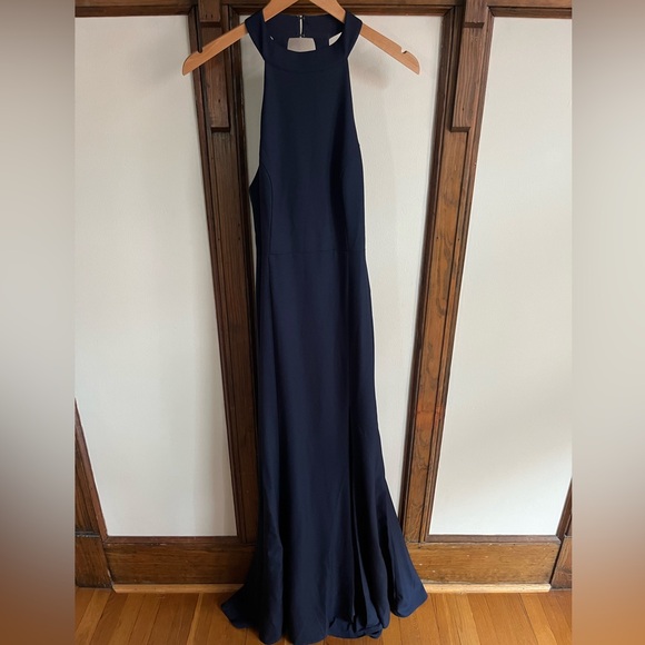 NWT BHLDN Juliana High-Neck Side-Slit Stretch Crepe Maxi Dress in Navy Size 8 - Picture 3 of 4